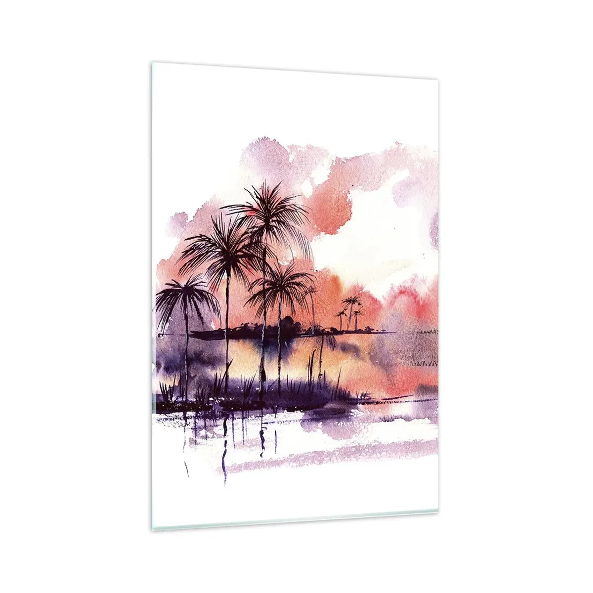 Quadro su vetro - Paesaggio tropicale con palme al tramonto in acquerello - 80x120cm - Pace dei tropici in rosso - Decorazione murale moderna per soggiorno e camera da letto ARTTOR