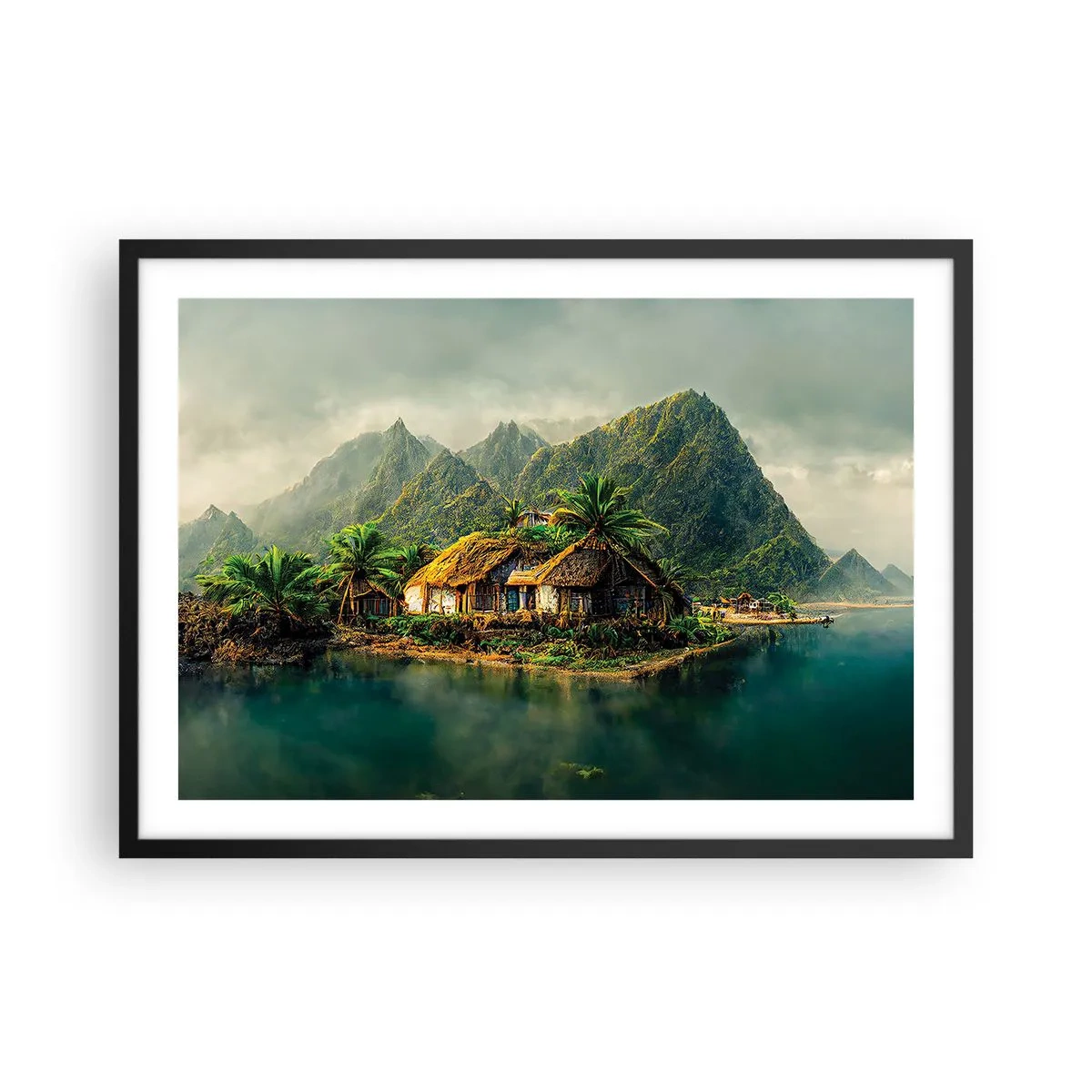 Poster in cornice nera - Un'isola tropicale con palme e montagne sullo sfondo - 70x50cm - Paradiso tropicale - Decorazione murale moderna per soggiorno e camera da letto ARTTOR