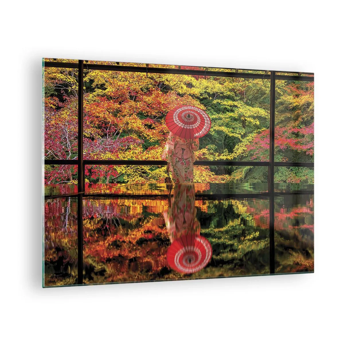 Quadro su vetro - Una donna in kimono con un ombrello sullo sfondo di un paesaggio autunnale, riflessa nell'acqua. - 70x50cm - Nel tempio della natura - Decorazione murale moderna per soggiorno e camera da letto ARTTOR