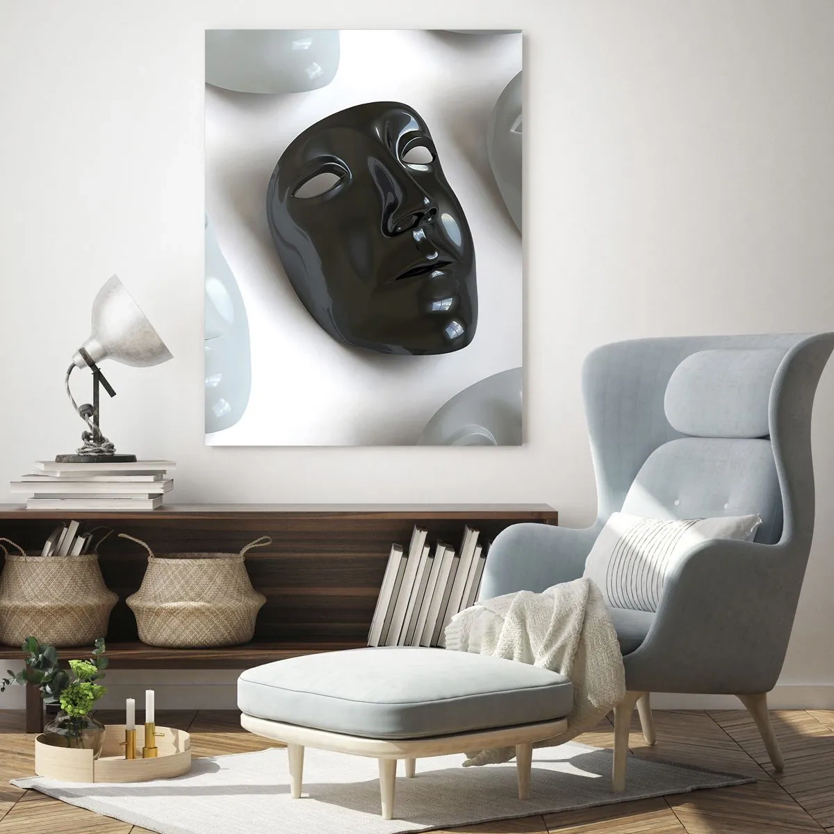 Quadro su vetro - Maschere in bianco e nero su sfondo chiaro - 80x120cm - Come distinguersi? - Decorazione murale moderna per soggiorno e camera da letto ARTTOR
