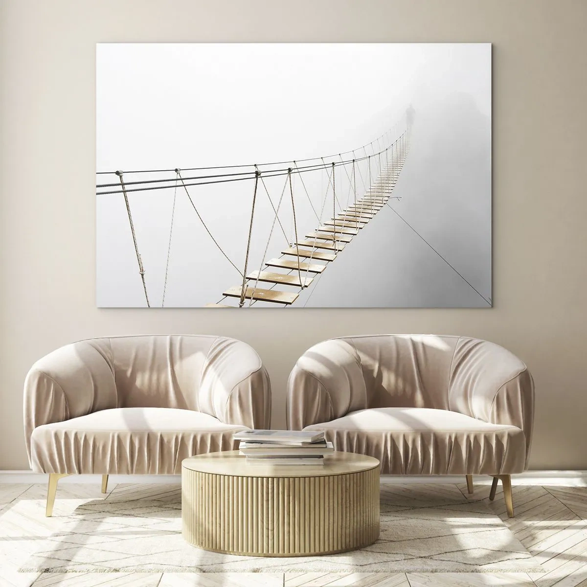 Quadro su vetro - Un ponte sospeso nella nebbia che conduce all'ignoto - 70x50cm - Dove ti porta? - Decorazione murale moderna per soggiorno e camera da letto ARTTOR