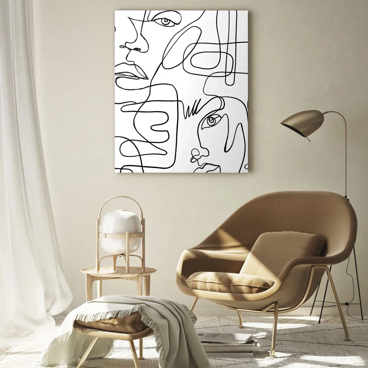 Quadro su vetro - Un disegno minimalista di un viso con linee su uno sfondo chiaro. - 80x120cm - Emozioni intrecciate - Decorazione murale moderna per soggiorno e camera da letto ARTTOR