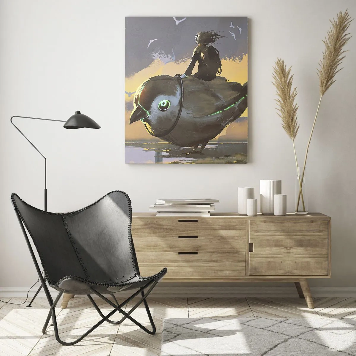 Quadro su vetro - Cavaliere su un uccello gigante in un paesaggio surreale - 70x100cm - La sosta di un viaggio fantastico - Decorazione murale moderna per soggiorno e camera da letto ARTTOR