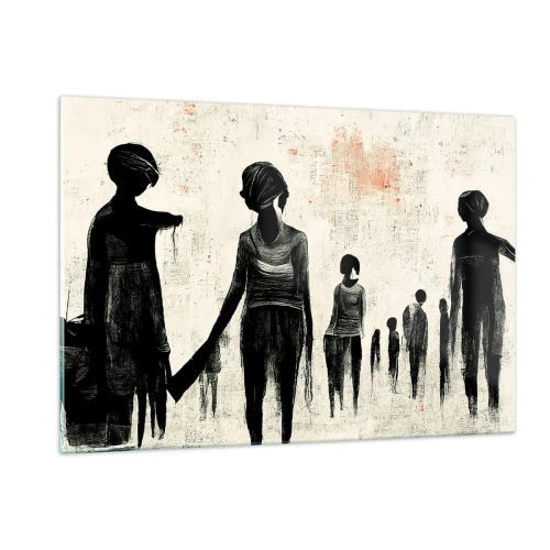 Quadro su vetro - Figure nere in movimento su uno sfondo chiaro con una trama rossa - 120x80cm - Contro la solitudine - Decorazione murale moderna per soggiorno e camera da letto ARTTOR