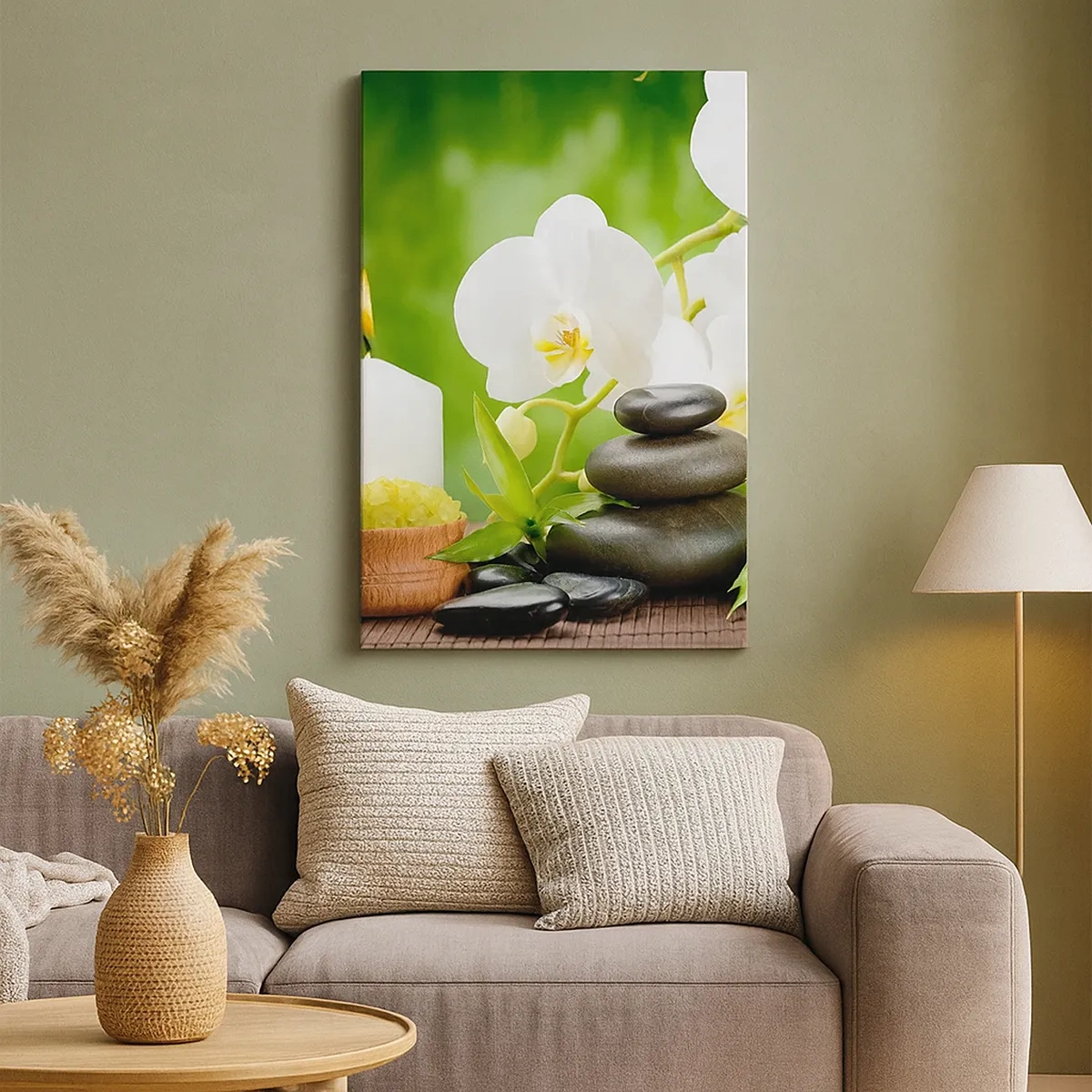 Quadro su tela - Stampe su Tela - Orchidee, candele e pietre immerse nella natura - 50x70cm - Tocco delicato, fragrante, floreale - Decorazione murale moderna per soggiorno e camera da letto ARTTOR