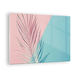 Quadro su vetro - Una foglia di palma su uno sfondo pastello in una composizione geometrica - 70x50cm - Impressione tropicale - Decorazione murale moderna per soggiorno e camera da letto ARTTOR
