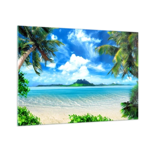 Quadro su vetro - Una spiaggia tropicale con palme e vista su un'isola montuosa - 100x70cm - L'azzurro dei tropici - Decorazione murale moderna per soggiorno e camera da letto ARTTOR