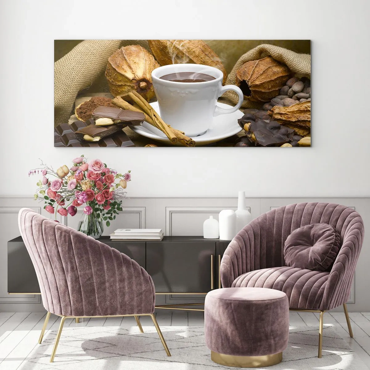 Quadro su vetro - Una tazza di cioccolata calda circondata da cacao e cannella - 140x50cm - Per i cercatori di emozioni - Decorazione murale moderna per soggiorno e camera da letto ARTTOR