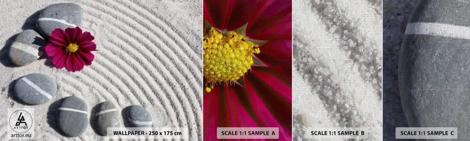 Campione di Fotomurale Premium Canvas - Energia e pace nel cerchio magico della natura - Fiori, Sabbia, Pietre - 100x30 cm