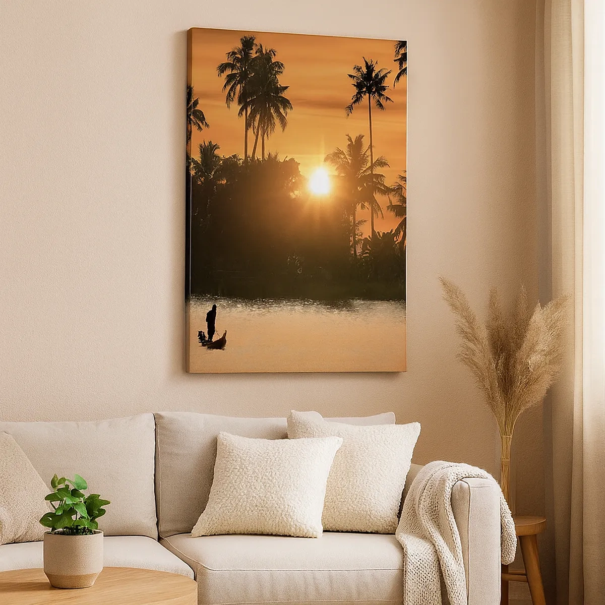 Quadro su tela - Stampe su Tela - Tramonto sulle palme e un lago calmo con una barca - 50x70cm - Il tempo del riposo - Decorazione murale moderna per soggiorno e camera da letto ARTTOR