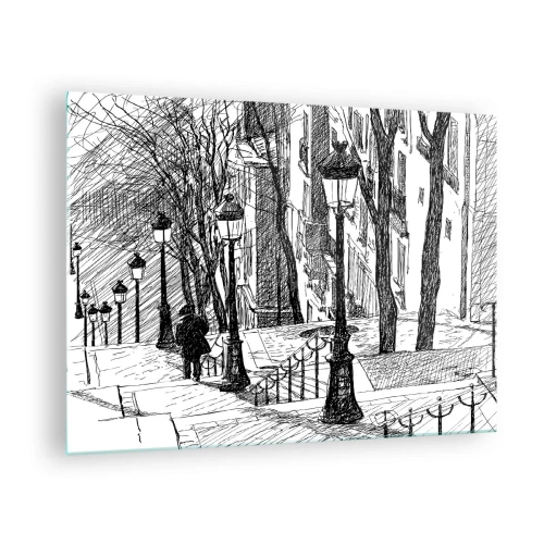Quadro su vetro - Disegno in bianco e nero di una strada cittadina con lanterne - 70x50cm - Storia d'amore o racconto di paura? - Decorazione murale moderna per soggiorno e camera da letto ARTTOR
