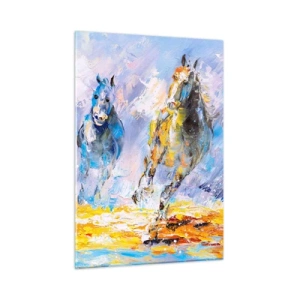 Quadro su vetro - Due cavalli al galoppo nell'acqua in stile artistico - 50x70cm - Al galoppo nella luce - Decorazione murale moderna per soggiorno e camera da letto ARTTOR