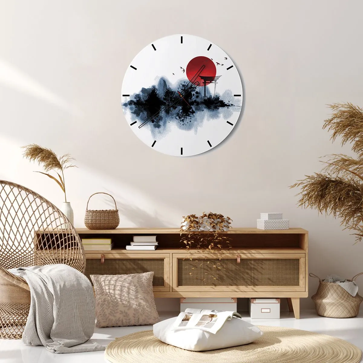 Orologio da parete - Orologio in Vetro - Una sfera di sole rosso e un cancello torii in stile giapponese sull'acqua - 30x30cm - Vista giapponese - Decorazione murale moderna per soggiorno, cucina e camera da letto ARTTOR