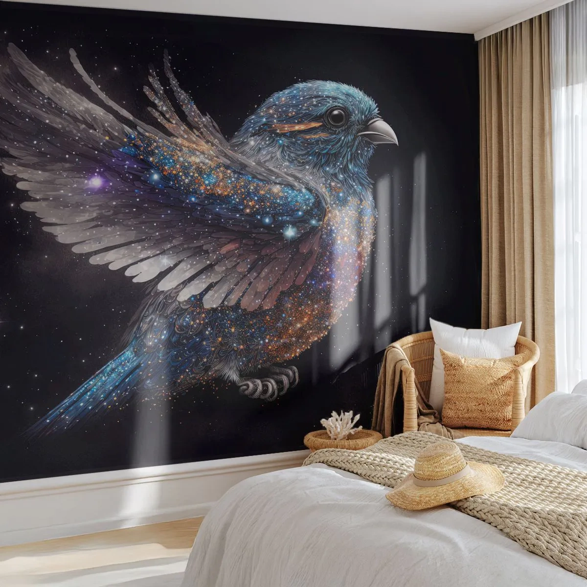 Fotomurali Premium Sand - Passero spaziale con diamante lucido su nero - 100x70cm - Passero di diamante - Decorazione murale moderna per soggiorno e camera da letto ARTTOR