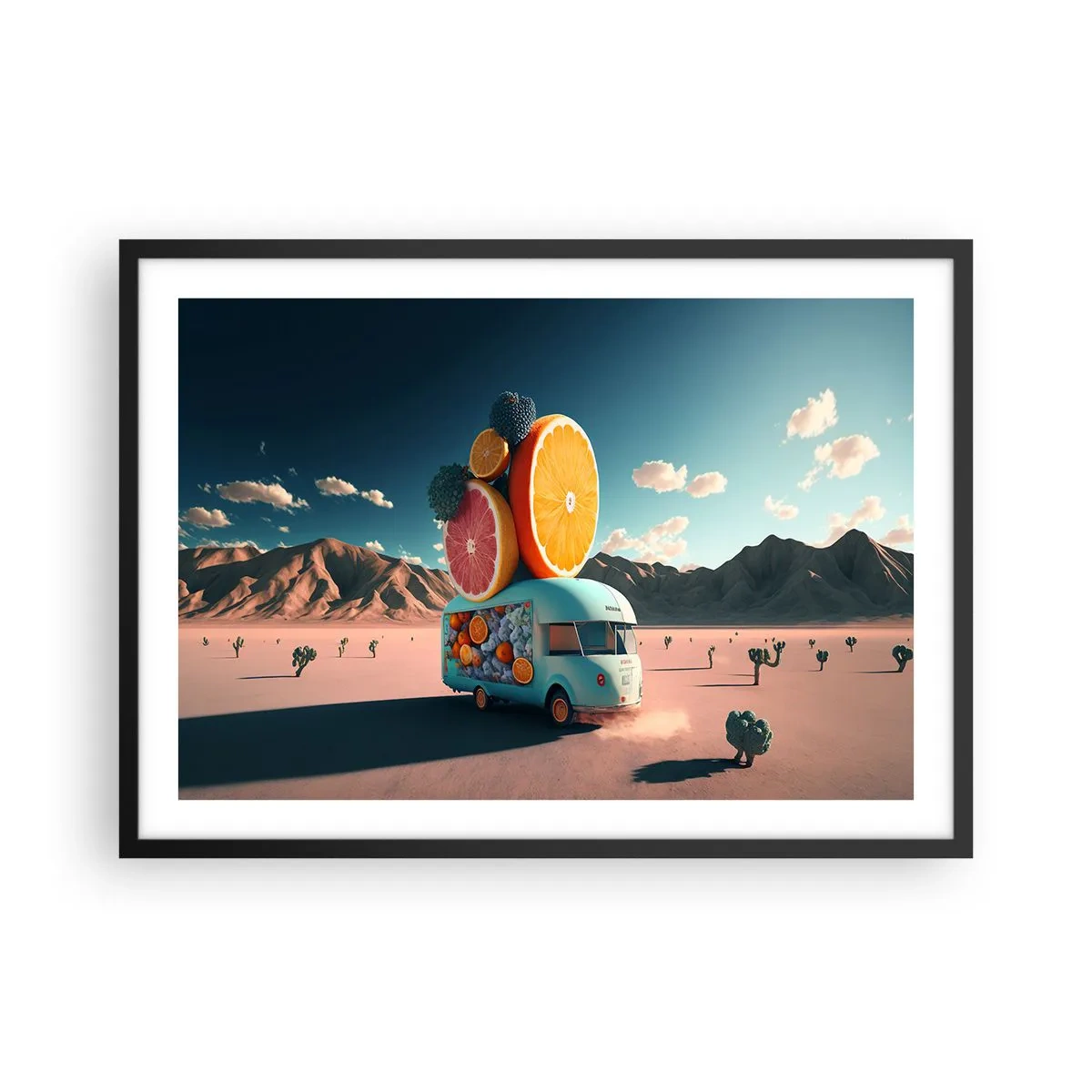 Poster in cornice nera - Camion della frutta in un paesaggio desertico - 70x50cm - Il sapore delle vacanze - Decorazione murale moderna per soggiorno e camera da letto ARTTOR