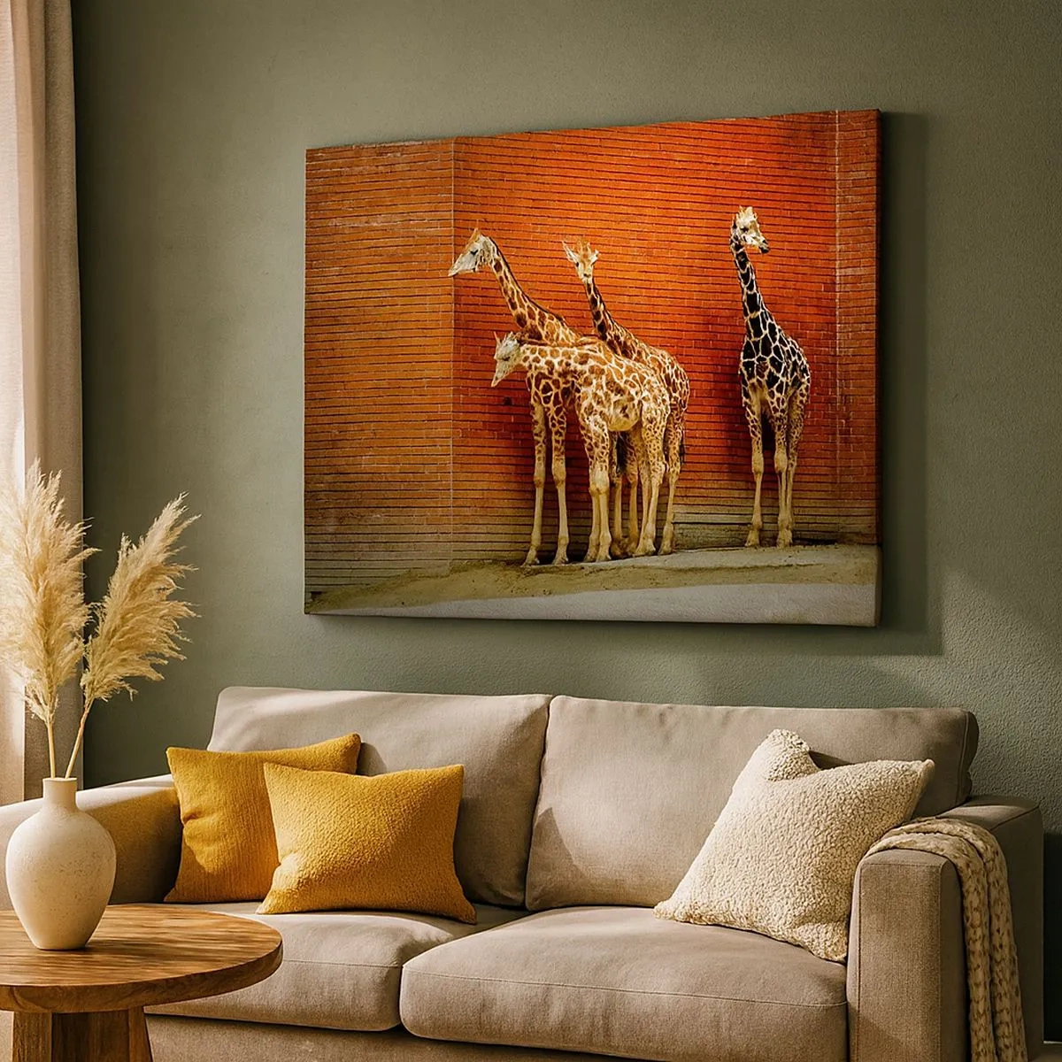 Quadro su tela - Stampe su Tela - Quattro giraffe contro un muro di mattoni in un ambiente artistico - 70x50cm - Vedete qualche acacia? - Decorazione murale moderna per soggiorno e camera da letto ARTTOR