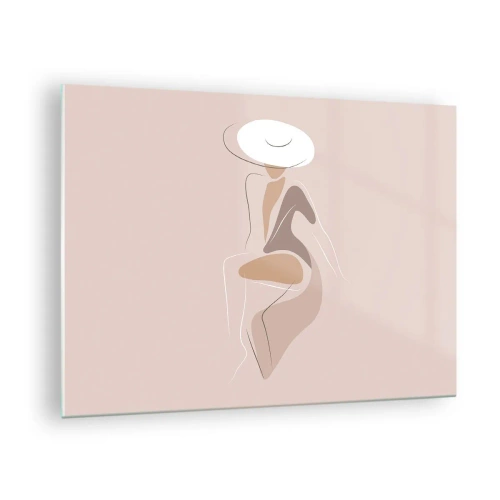 Quadro su vetro - Silhouette di una donna con un cappello su uno sfondo beige - 70x50cm - Essere una dama - Decorazione murale moderna per soggiorno e camera da letto ARTTOR