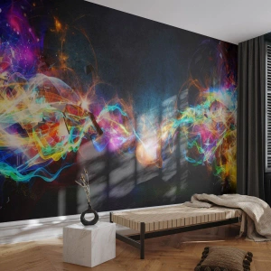 Fotomurali Premium Sand - Onde luminose astratte su uno sfondo scuro - 100x70cm - Con gioia contro l'oscurità - Decorazione murale moderna per soggiorno e camera da letto ARTTOR