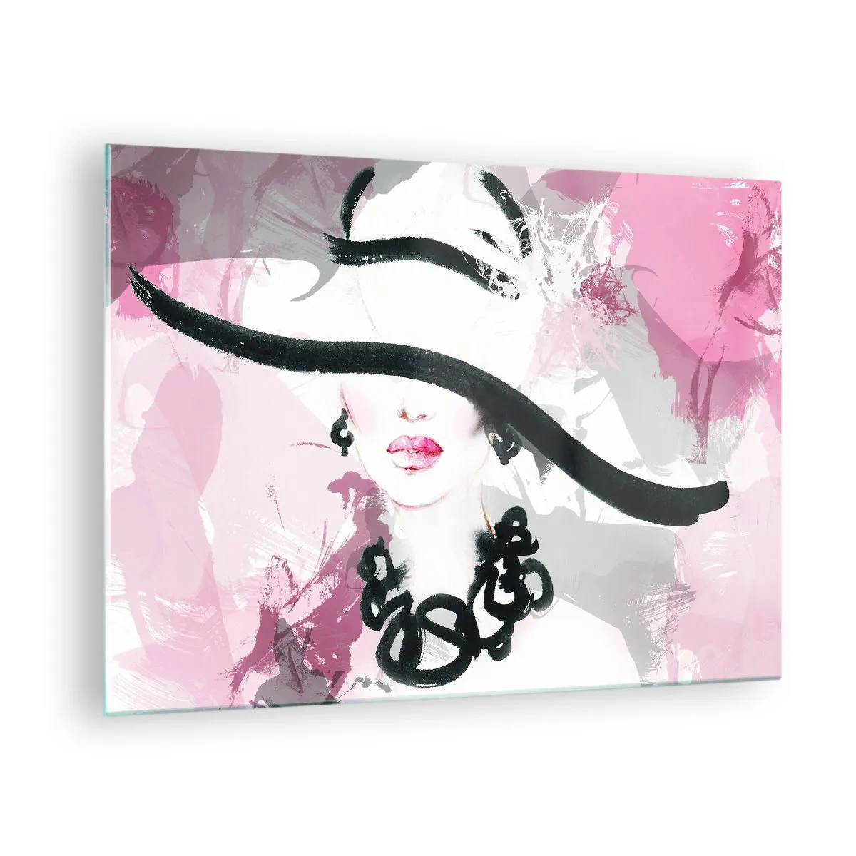 Quadro su vetro - Ritratto di una donna con un cappello nero su sfondo rosa - 70x50cm - Ritratto di donna in nero e rosa - Decorazione murale moderna per soggiorno e camera da letto ARTTOR