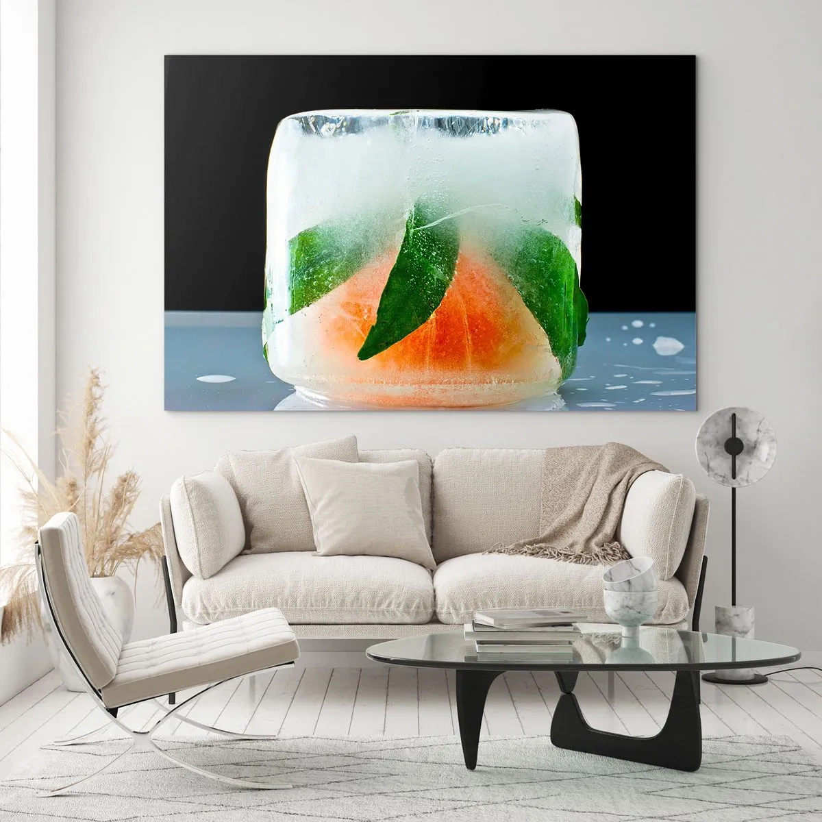 Quadro su vetro - Frutta e foglie congelate nel ghiaccio trasparente - 70x50cm - Freschezza e rinfresco - Decorazione murale moderna per soggiorno e camera da letto ARTTOR