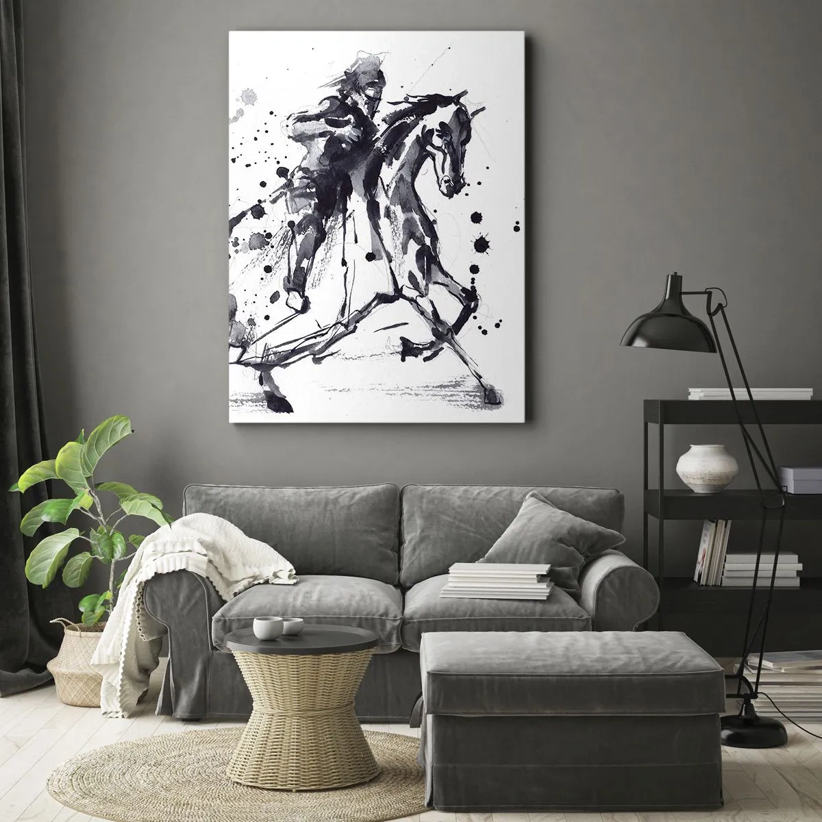 Quadro su tela - Stampe su Tela - Acquerello in bianco e nero di un cavaliere su un cavallo al galoppo - 50x70cm - Il cavaliere nero - Decorazione murale moderna per soggiorno e camera da letto ARTTOR