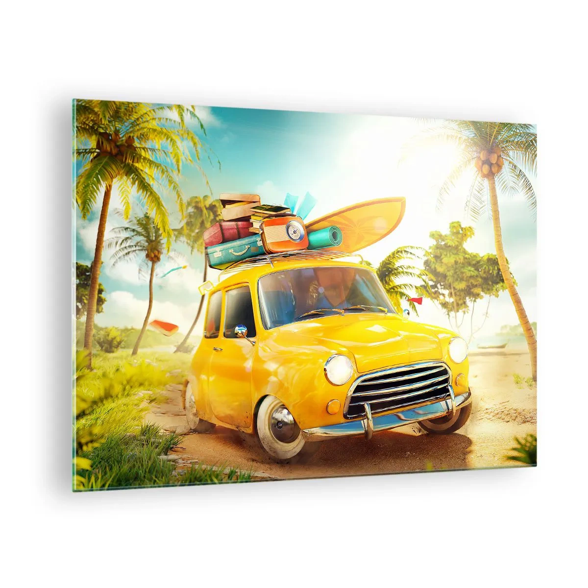 Quadro su vetro - Un'auto gialla con bagagli sul tetto su una spiaggia tropicale. - 70x50cm - Viaggio nel paese dei sorrisi - Decorazione murale moderna per soggiorno e camera da letto ARTTOR