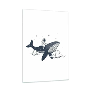 Quadro su vetro - Astronauta a cavallo di una balena tra stelle e nuvole - 50x70cm - Avventura nello spazio - Decorazione murale moderna per soggiorno e camera da letto ARTTOR