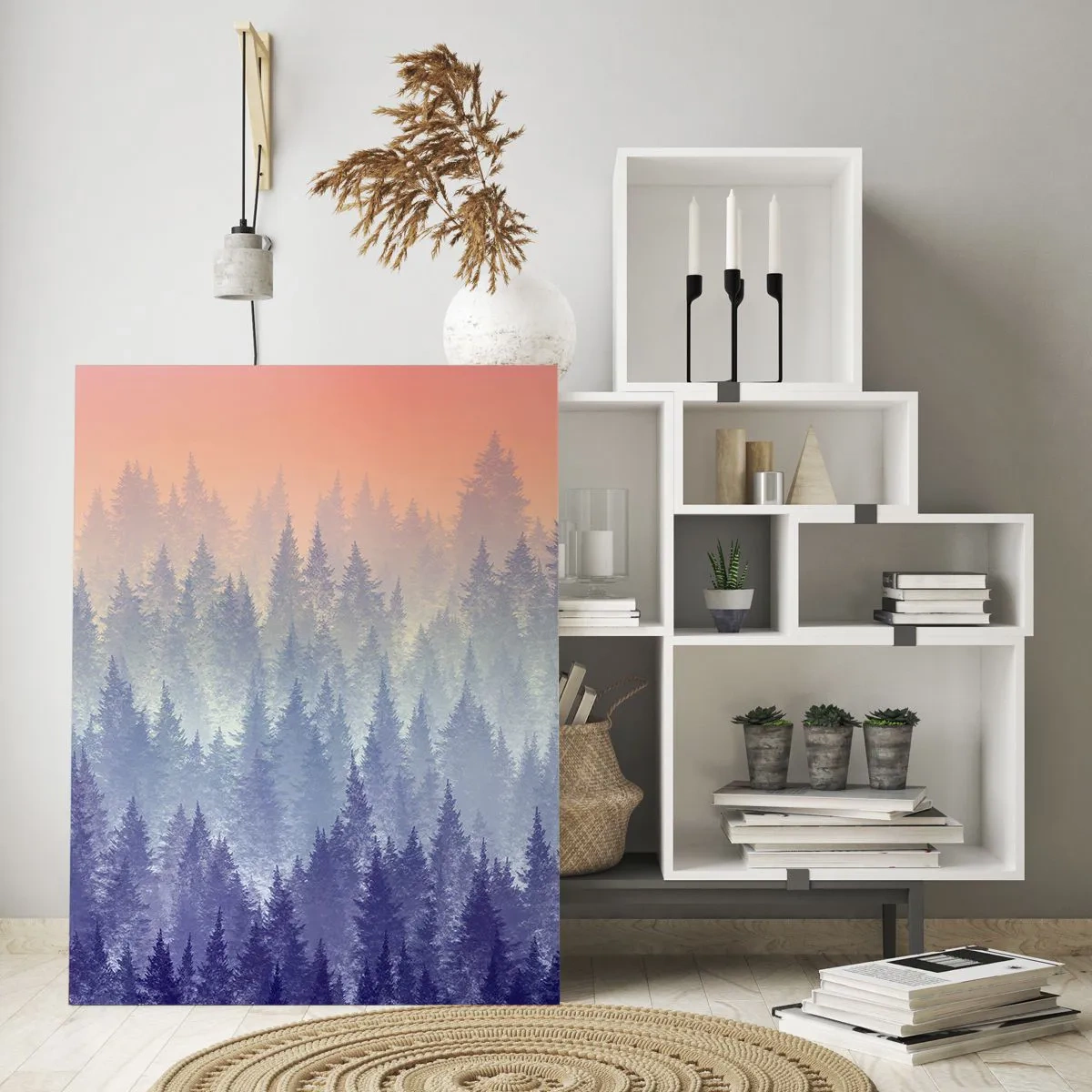 Quadro su vetro - Misteriosa foresta di conifere nelle tonalità pastello del mattino - 50x70cm - Alto, più in alto, fino al cielo - Decorazione murale moderna per soggiorno e camera da letto ARTTOR