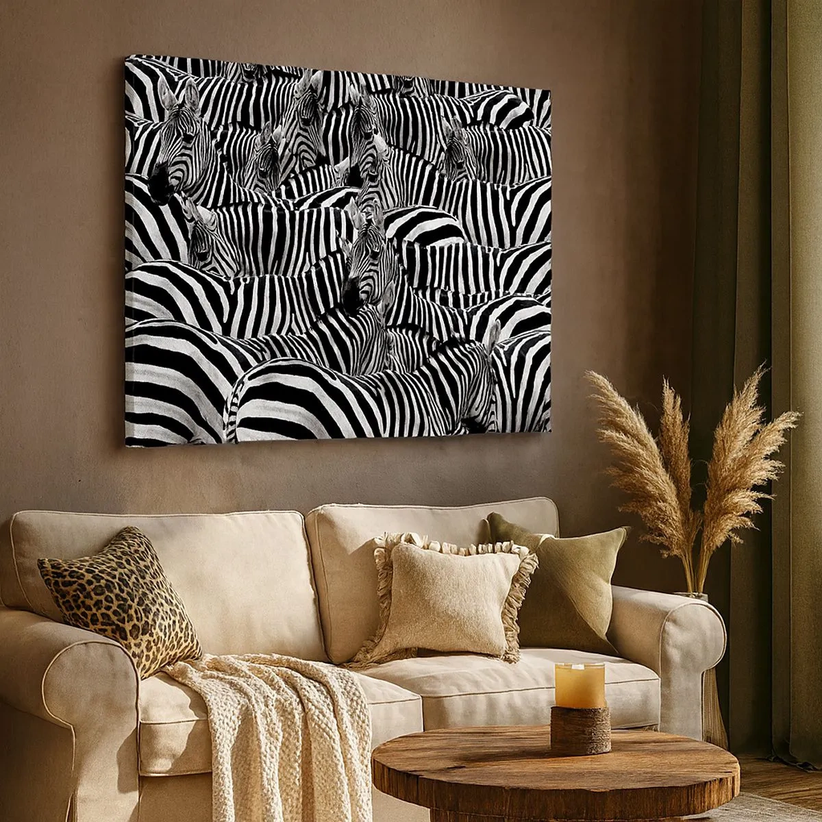 Quadro su tela - Stampe su Tela - Un gruppo di zebre con strisce bianche e nere che creano un motivo di simmetria. - 70x50cm - Ritratto collettivo a strisce - Decorazione murale moderna per soggiorno e camera da letto ARTTOR