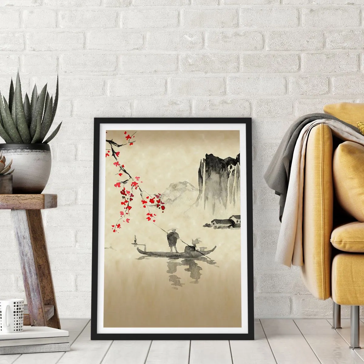 Poster in cornice nera - Scena orientale con pescatori su una barca - 50x70cm - Nel paese dei ciliegi in fiore - Decorazione murale moderna per soggiorno e camera da letto ARTTOR