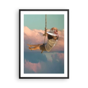 Poster in cornice nera - Una donna su un'altalena tra nuvole pastello - 50x70cm - Divertimento tra le nuvole - Decorazione murale moderna per soggiorno e camera da letto ARTTOR