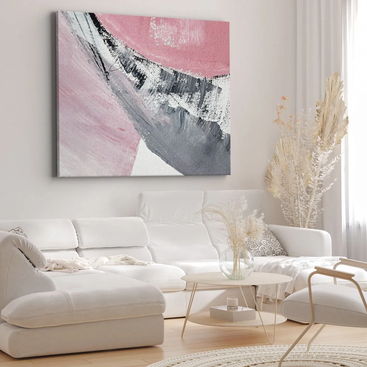 Quadro su tela - Stampe su Tela - Una composizione astratta nei toni del rosa e del grigio. - 120x80cm - Composizione abbinata - Decorazione murale moderna per soggiorno e camera da letto ARTTOR