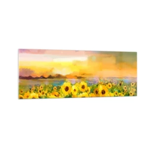 Quadro su vetro - Un campo di girasoli alla luce del sole al tramonto - 140x50cm - Il sole è sceso sulla terra - Decorazione murale moderna per soggiorno e camera da letto ARTTOR