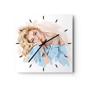 Orologio da parete - Orologio in Vetro - Ritratto di una donna in abito blu con capelli biondi - 30x30cm - Sognante nel blu - Decorazione murale moderna per soggiorno e camera da letto ARTTOR