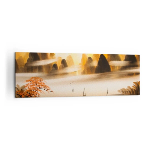 Quadro su tela - Stampe su Tela - Un paesaggio orientale con un fiume, montagne e una leggera nebbia. - 160x50cm - Oltre l'Estremo Oriente - Decorazione murale moderna per soggiorno e camera da letto ARTTOR