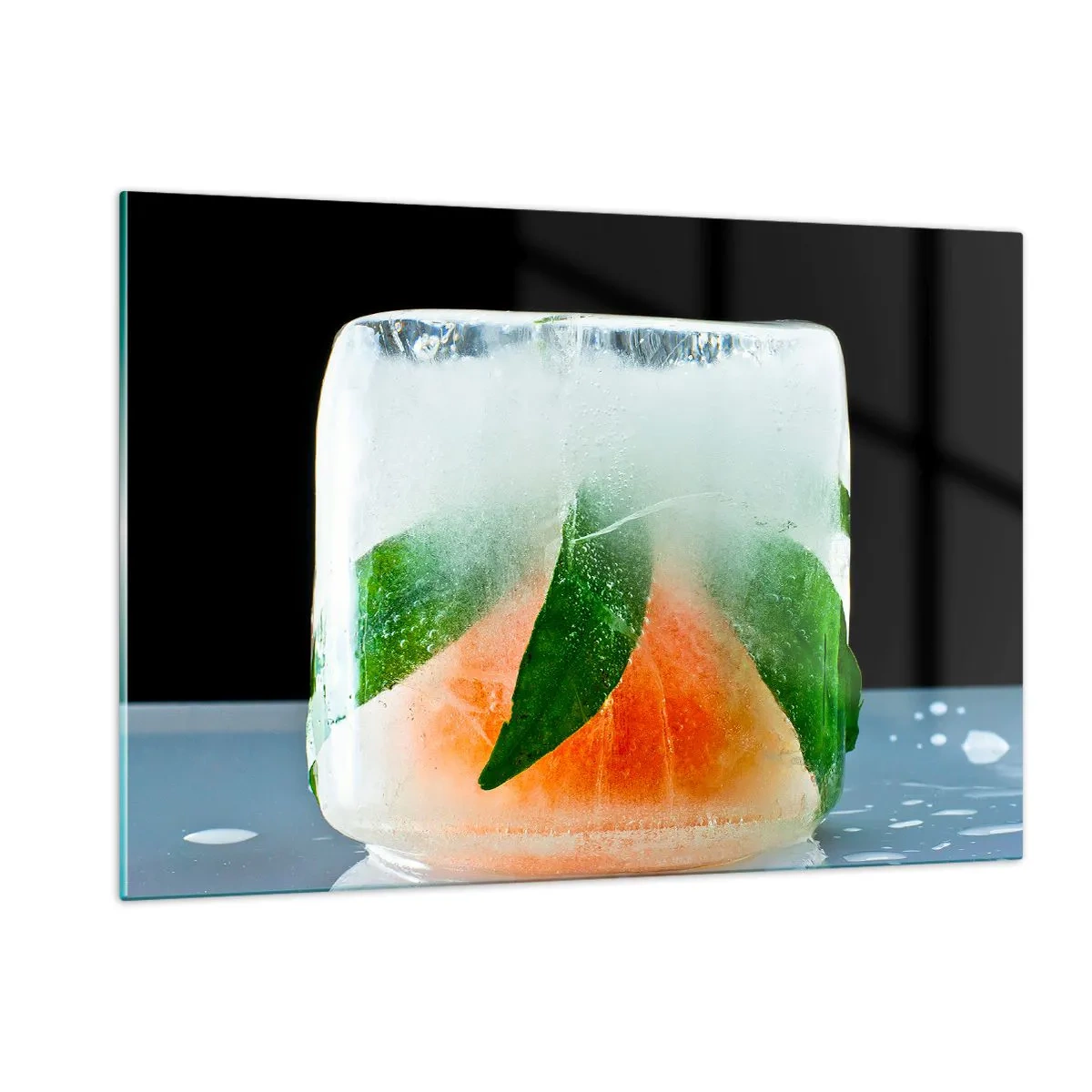 Quadro su vetro - Frutta e foglie congelate nel ghiaccio trasparente - 120x80cm - Freschezza e rinfresco - Decorazione murale moderna per soggiorno e camera da letto ARTTOR