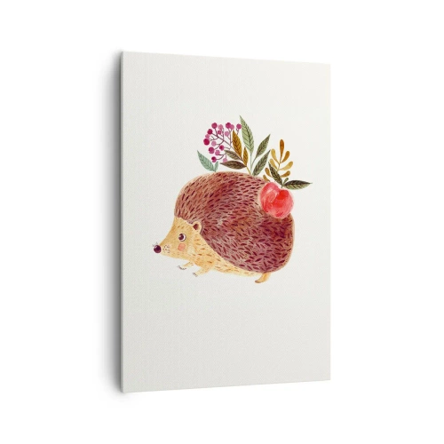 Quadro su tela - Stampe su Tela - Un simpatico riccio con una mela e delle piante in stile illustrativo - 70x100cm - E mi vuoi già bene - Decorazione murale moderna per soggiorno e camera da letto ARTTOR