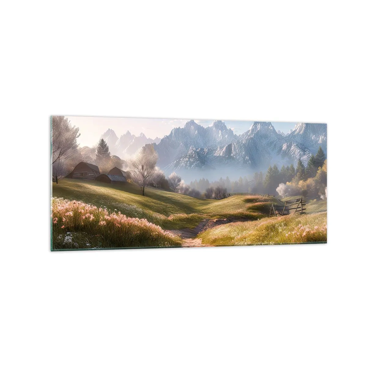 Quadro su vetro - Una valle di montagna con prati, rifugi e vista sulle cime - 120x50cm - Valle idilliaca - Decorazione murale moderna per soggiorno e camera da letto ARTTOR