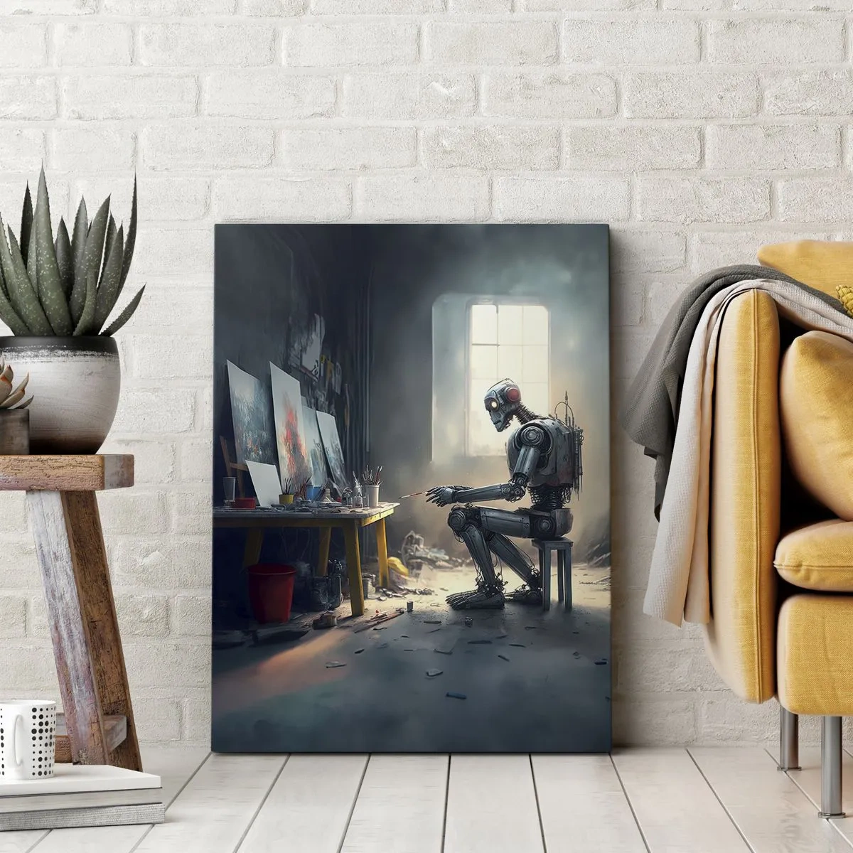 Quadro su tela - Stampe su Tela - Un robot che dipinge un quadro in uno studio d'arte - 50x70cm - Atto creativo - Decorazione murale moderna per soggiorno e camera da letto ARTTOR