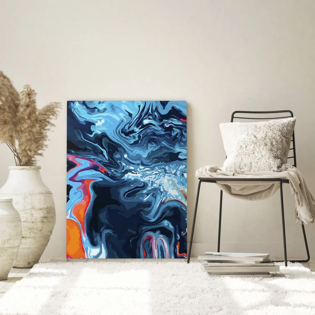 Quadro su vetro - Un motivo astratto nelle tonalità del blu con accenti di rosso e bianco. - 50x70cm - Viaggio al centro del cielo - Decorazione murale moderna per soggiorno e camera da letto ARTTOR