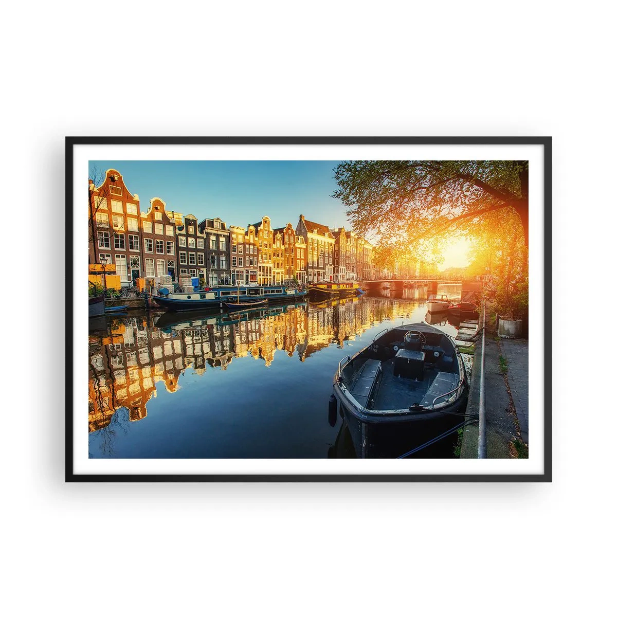 Poster in cornice nera - Canale di Amsterdam al tramonto - 100x70cm - L'alba ad Amsterdam - Decorazione murale moderna per soggiorno e camera da letto ARTTOR