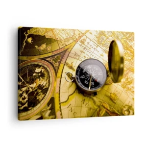 Quadro su tela - Stampe su Tela - Una bussola antica sullo sfondo di una vecchia mappa del mondo - 70x50cm - Forse all'estremità del mondo? - Decorazione murale moderna per soggiorno e camera da letto ARTTOR