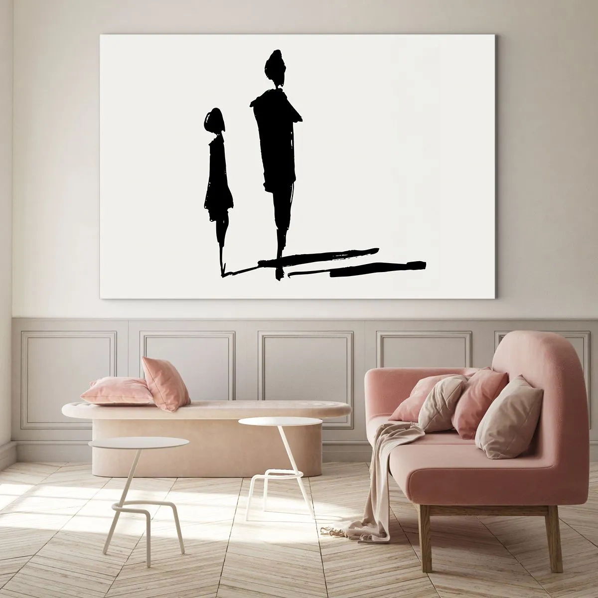 Quadro su vetro - Sagome nere di due figure con ombre su uno sfondo chiaro - 70x50cm - Sicuramente insieme? - Decorazione murale moderna per soggiorno e camera da letto ARTTOR