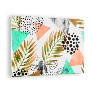 Quadro su vetro - Forme geometriche e foglie in colori pastello - 70x50cm - Decorazione con foglie di palma - Decorazione murale moderna per soggiorno e camera da letto ARTTOR