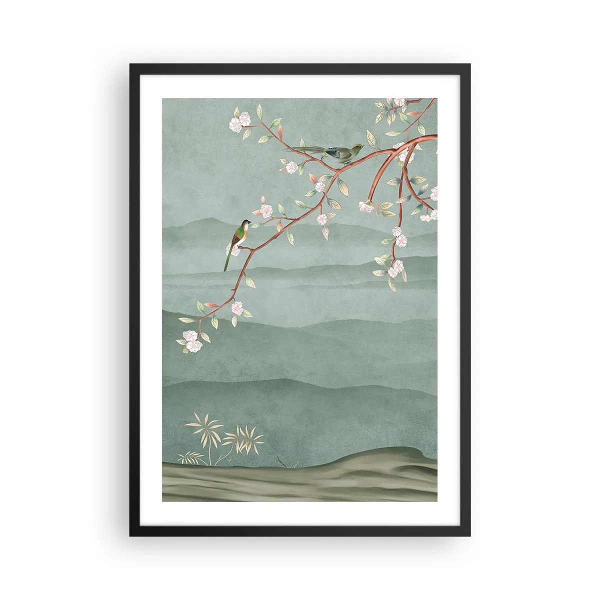 Poster in cornice nera - Uccelli su un ramo fiorito che domina le colline - 50x70cm - Eccoti primavera - Decorazione murale moderna per soggiorno e camera da letto ARTTOR