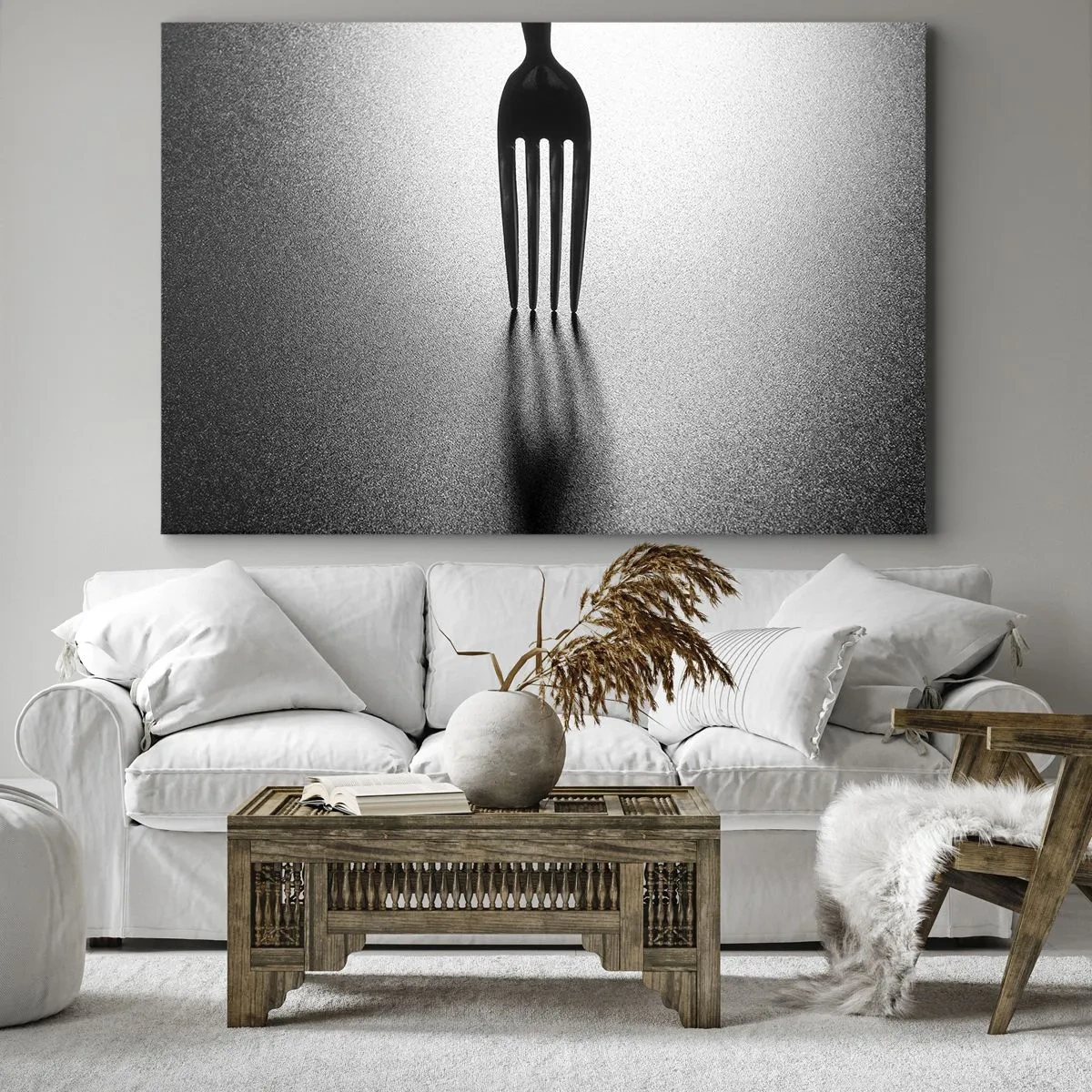 Quadro su tela - Stampe su Tela - Una versione minimalista di una forchetta in bianco e nero con giochi di ombre. - 120x80cm - Luce e ombra - Decorazione murale moderna per soggiorno e camera da letto ARTTOR