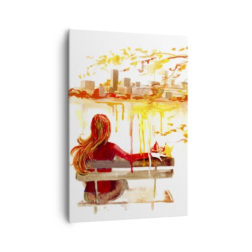 Quadro su tela - Stampe su Tela - Scena ad acquerello di una donna su una panchina con vista sulla città - 70x100cm - Un momento di riflessione - Decorazione murale moderna per soggiorno e camera da letto ARTTOR