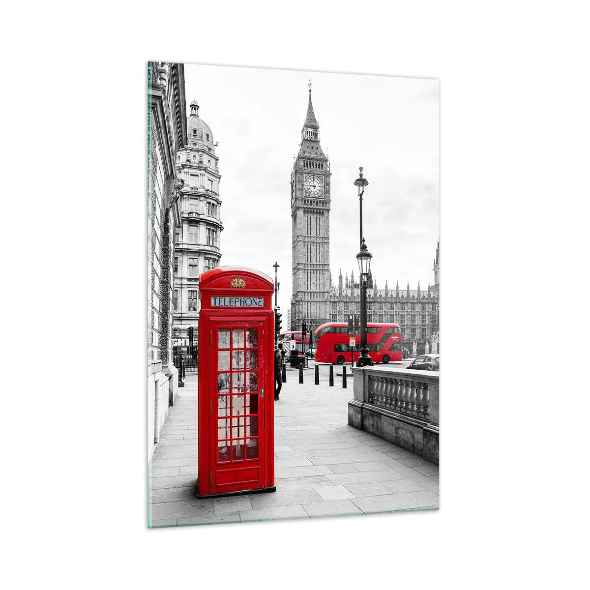 Quadro su vetro - Londra in bianco e nero con una cabina telefonica rossa e un autobus - 50x70cm - Indubbiamente Londra - Decorazione murale moderna per soggiorno e camera da letto ARTTOR