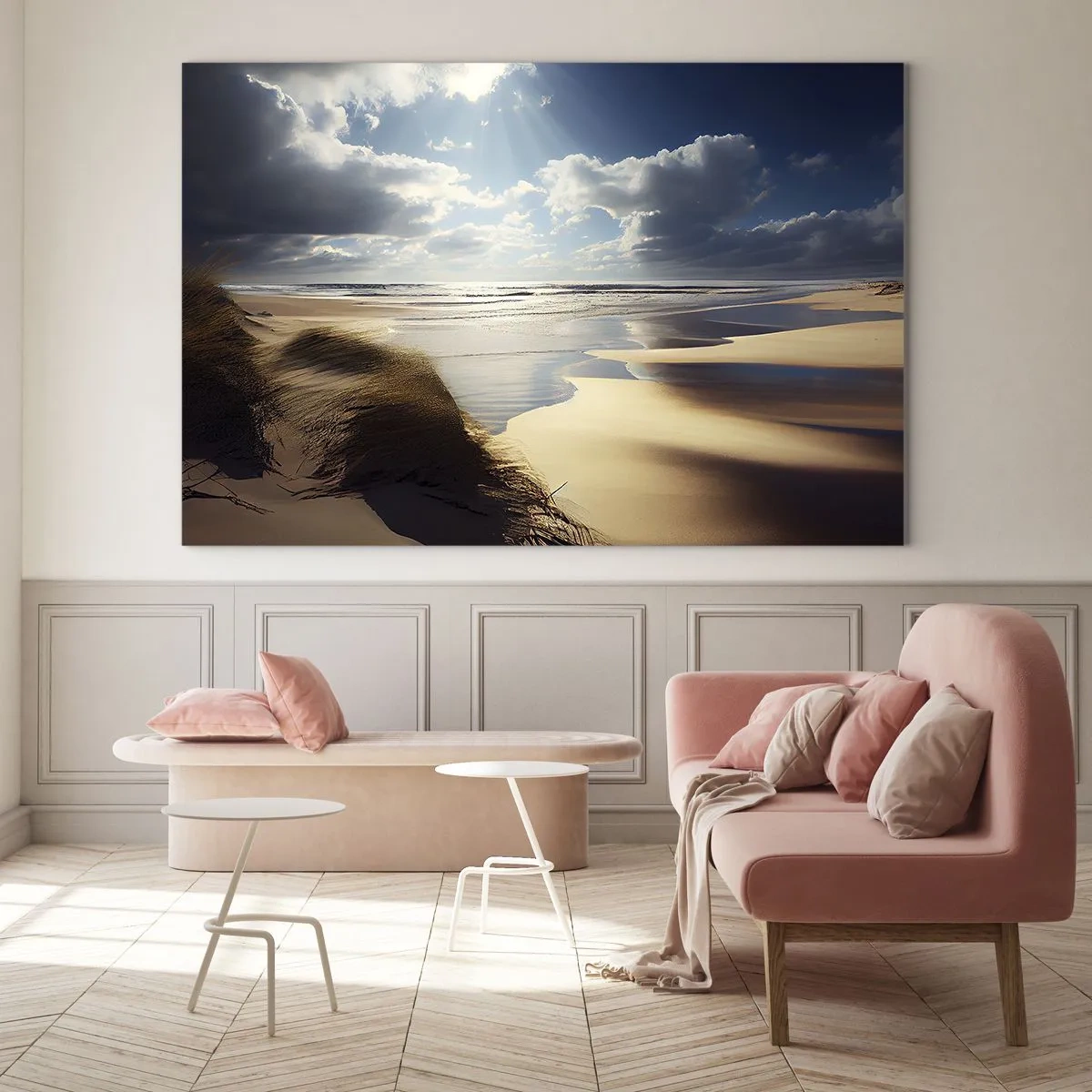 Quadro su vetro - Una spiaggia selvaggia illuminata dai raggi del sole che filtrano da sotto le nuvole - 100x70cm - Spiaggia incontaminata - Decorazione murale moderna per soggiorno e camera da letto ARTTOR