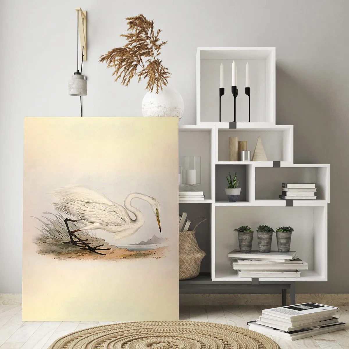 Quadro su vetro - Disegno di un airone bianco su uno sfondo di paesaggio naturale - 80x120cm - La signora nel canneto - Decorazione murale moderna per soggiorno e camera da letto ARTTOR
